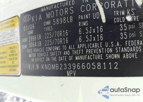 2006 Kia Sedona Ex/Lx z USA, uszkodzony, nr VIN KNDMB233966058112